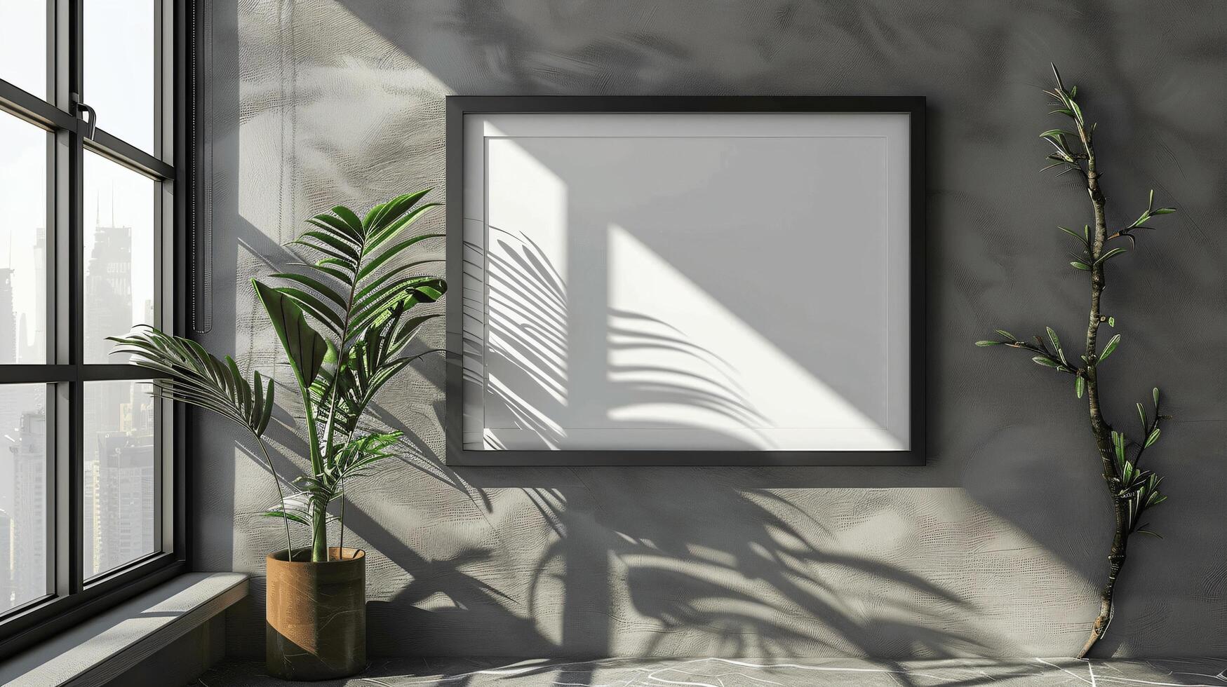 Stylish Indoor Space with Empty Frame and Natural Greenery photo