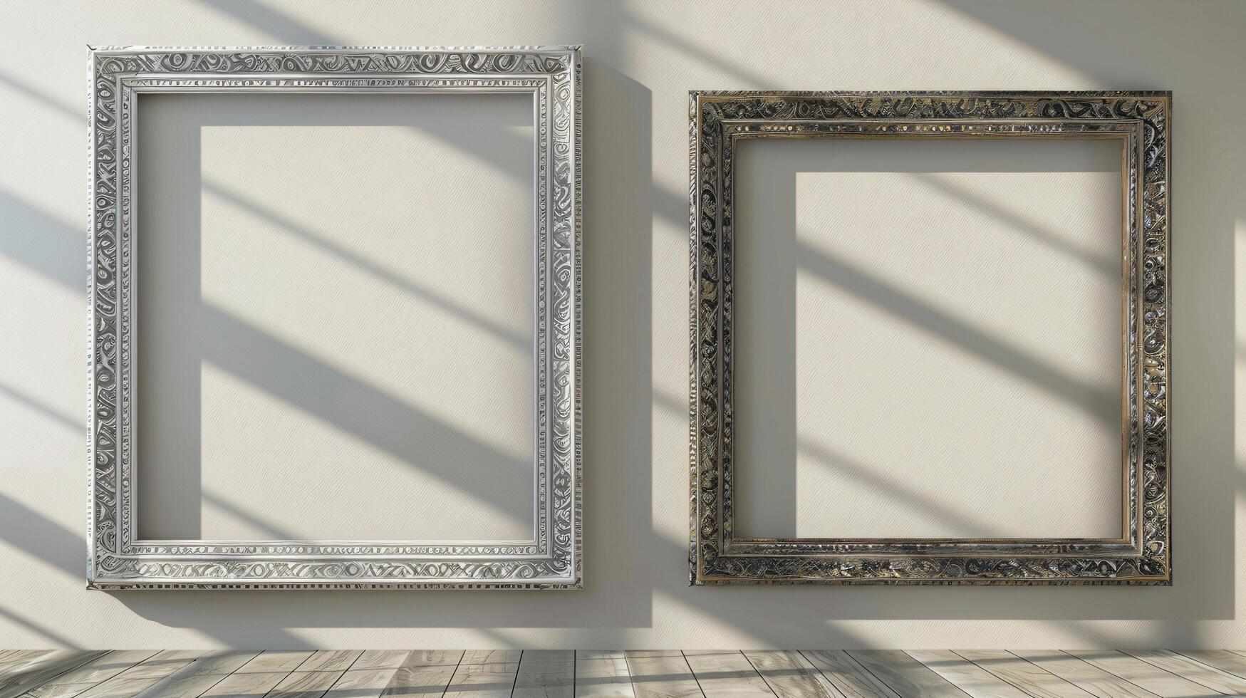 Elegant Empty Frames Displayed on a Sunlit Wall in Art Gallery photo