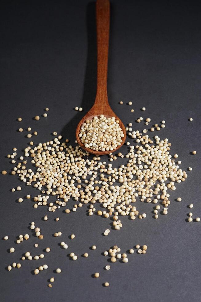 White peper in wooden spoon isolated on black background. High resolution photo. photo