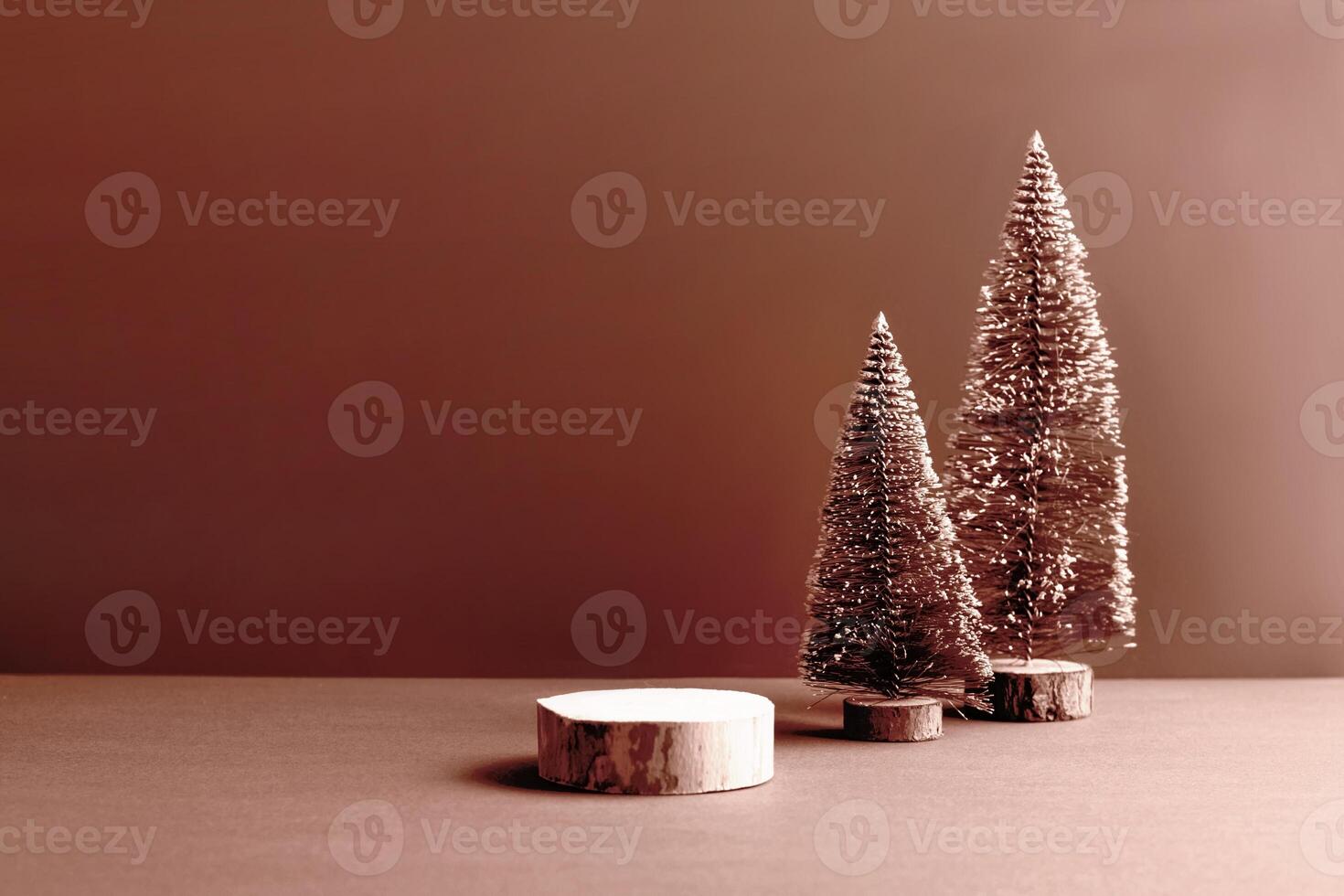 Minimalist brown holiday scene with artificial trees and wooden platforms. concept New Year, Christmas photo