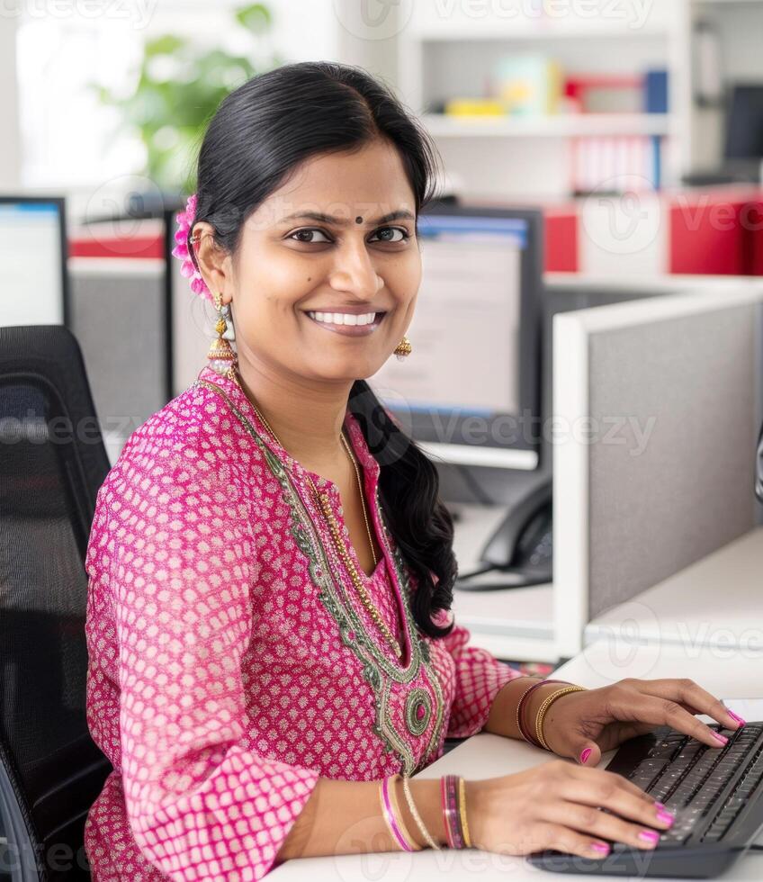 Professional Indian woman in traditional attire working at a modern office desk photo