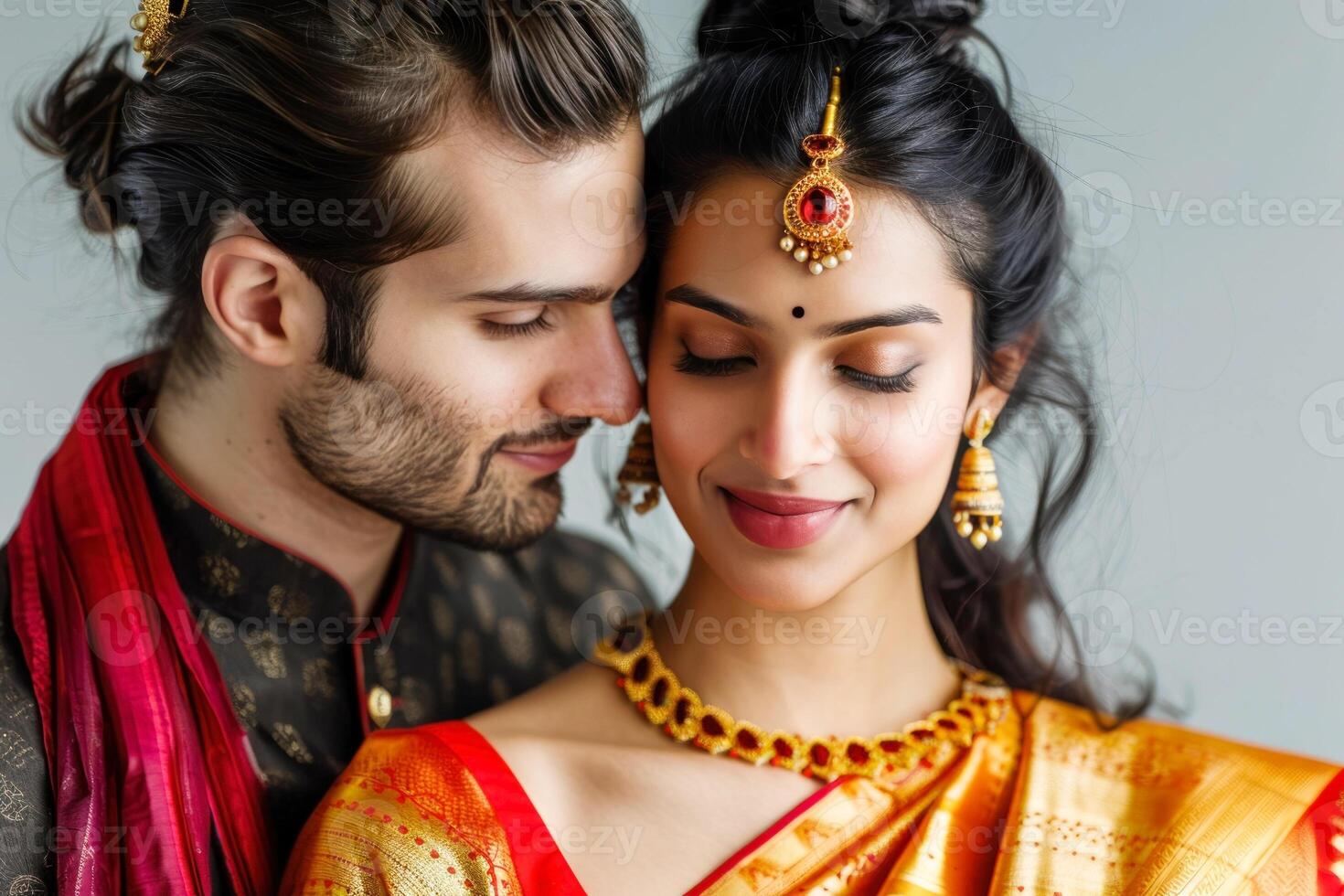 Elegant couple embracing in traditional indian attire with joyful expressions photo