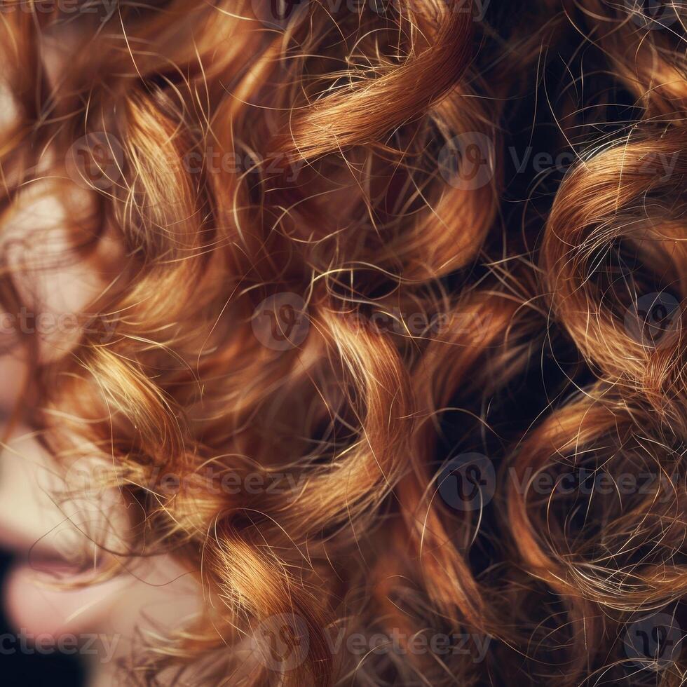 Intricate Close-Up of Beautiful Curly Hair Showcasing Luscious Copper Tones and Texture photo