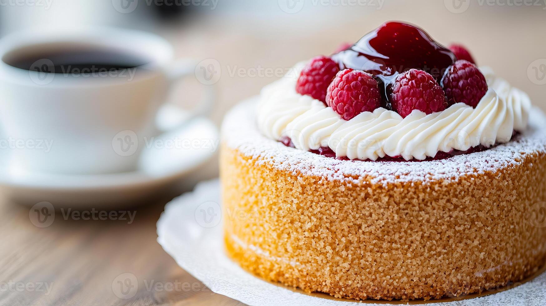A cake with whipped cream and raspberries on top of it on a plate photo