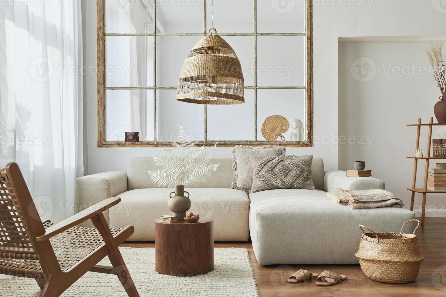 Stylish interior of living room with design modular sofa, furniture, wooden coffee table, rattan decoration, mock up picture frame, pillow, dried flowers and elegant accessories in modern home decor. photo