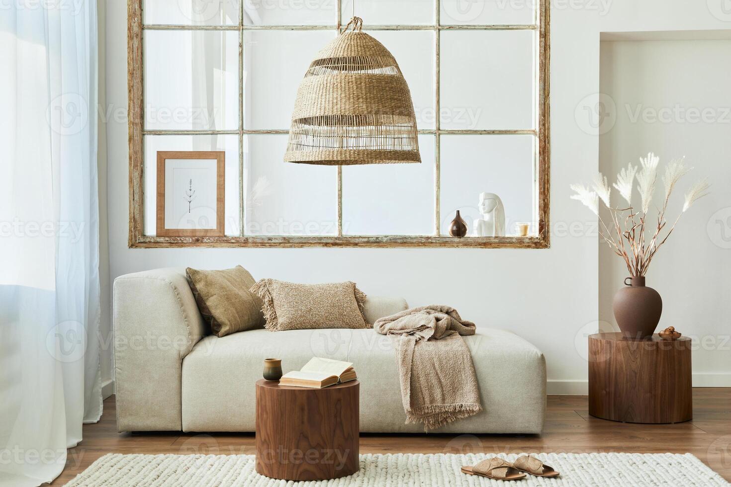 Stylish interior of living room with design modular sofa, furniture, wooden coffee table, rattan decoration, mock up picture frame, pillow, dried flowers and elegant accessories in modern home decor. photo