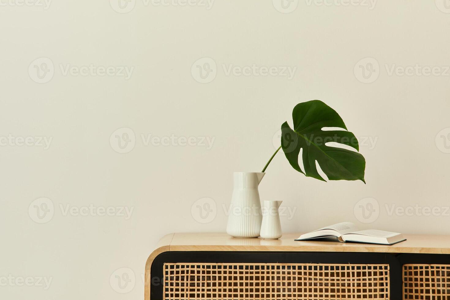 Modern scandinavian home interior with design wooden commode, tropical leaf in vase, books and personal accessories in stylish home decor. Template. Copy space. White walls. photo