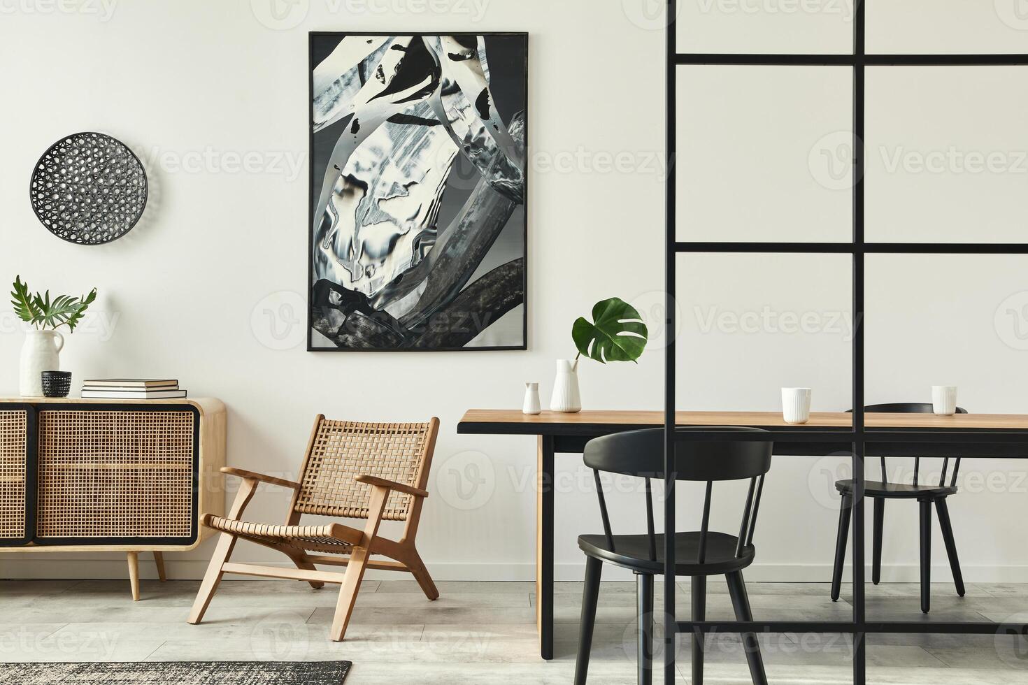 Stylish scandinavian living room interior of modern apartment with wooden commode, design table, chairs, carpet, abstract paintings on the wall and personal accessories in unique home decor. Template. photo