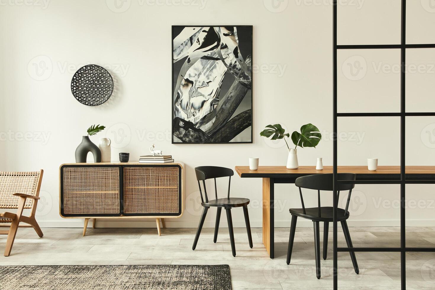 Stylish scandinavian living room interior of modern apartment with wooden commode, design table, chairs, carpet, abstract paintings on the wall and personal accessories in unique home decor. Template. photo