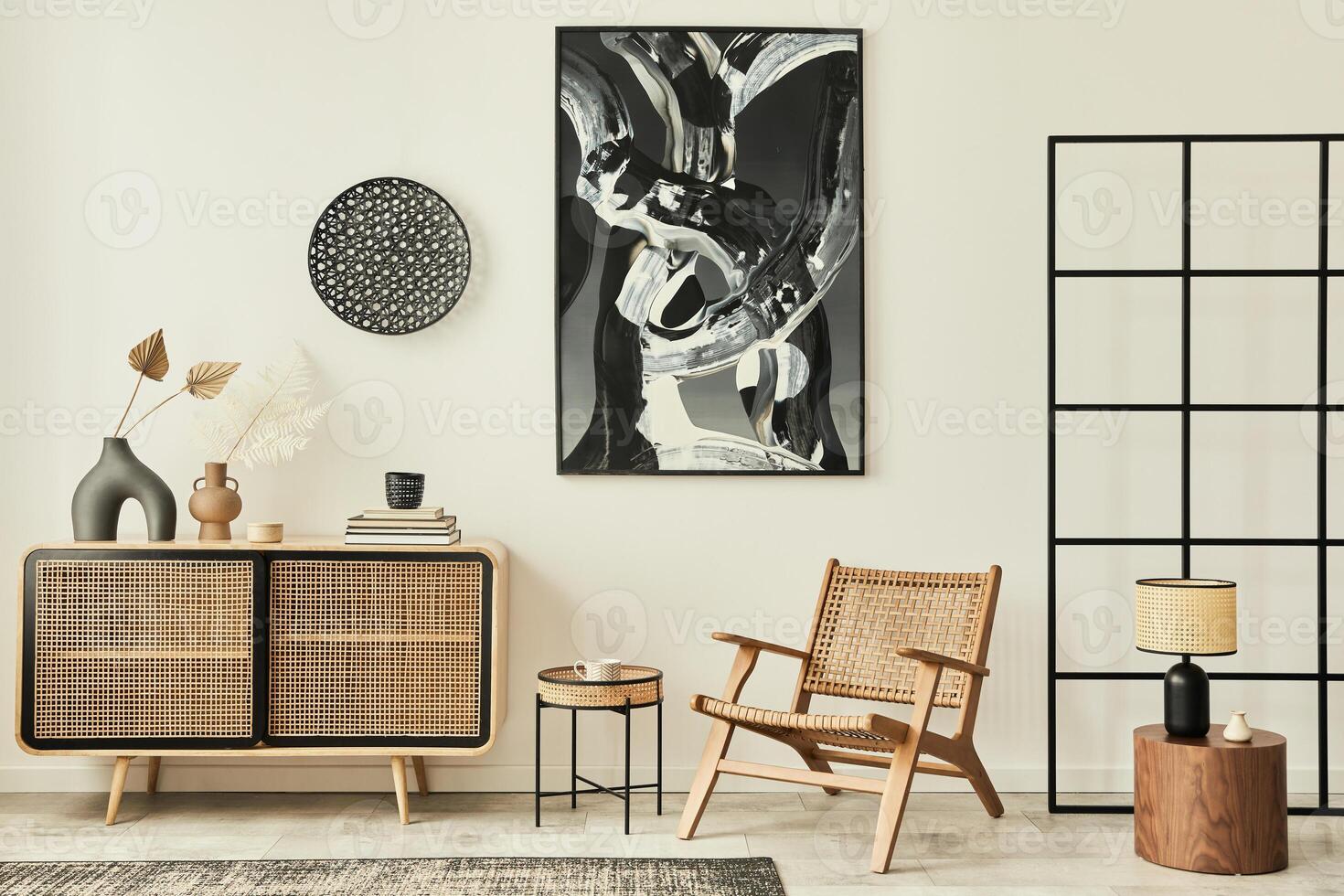 Stylish scandinavian living room interior of modern apartment with wooden commode, design armchair, carpet, abstract paintings on the wall and personal accessories in unique home decor. Template. photo