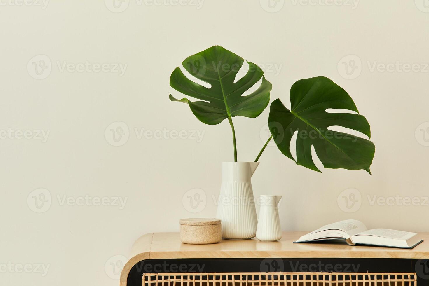 Modern scandinavian home interior with design wooden commode, tropical leaf in vase, books and personal accessories in stylish home decor. Template. Copy space. White walls. photo