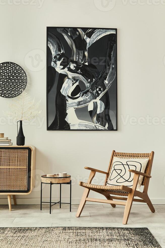 Stylish scandinavian living room interior of modern apartment with wooden commode, design armchair, carpet, leaf in vase and personal accessories in unique home decor. Template. photo