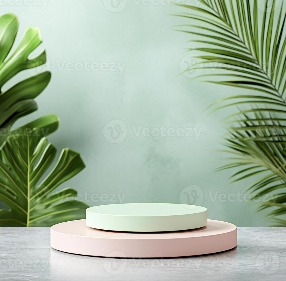 two round plates on a table with green plants photo