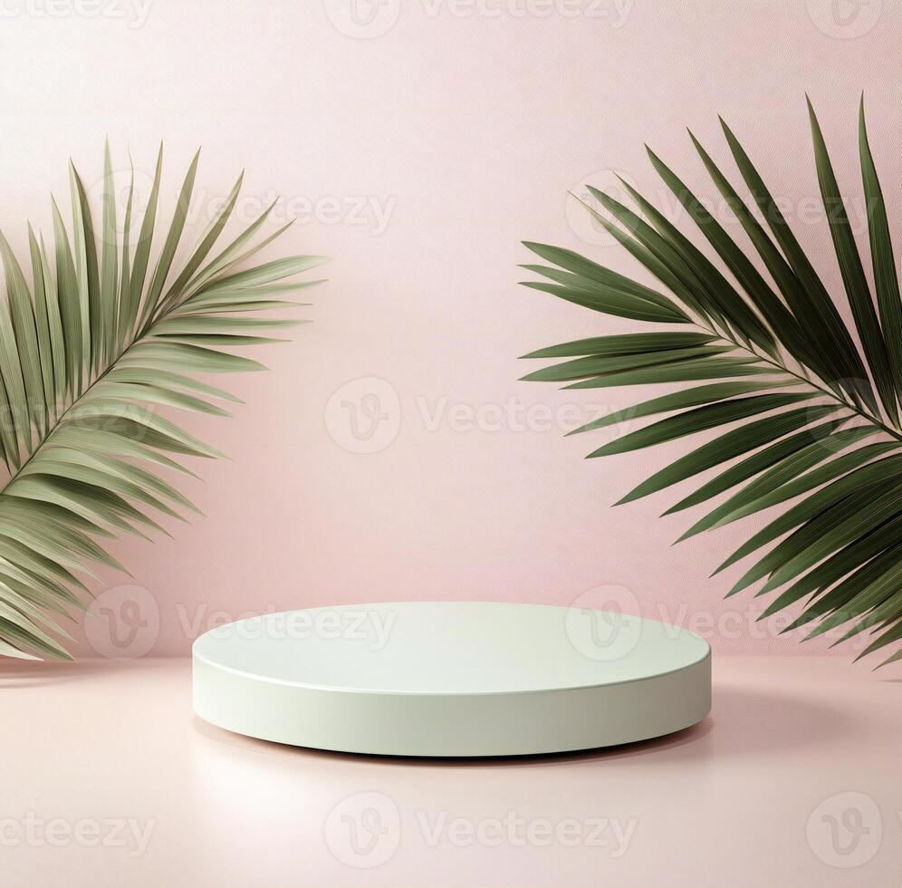 a white round table with palm leaves on a pink background photo