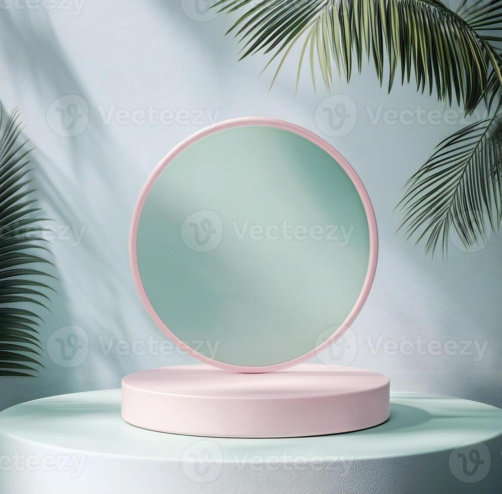 a pink mirror on a round stand in front of palm trees photo