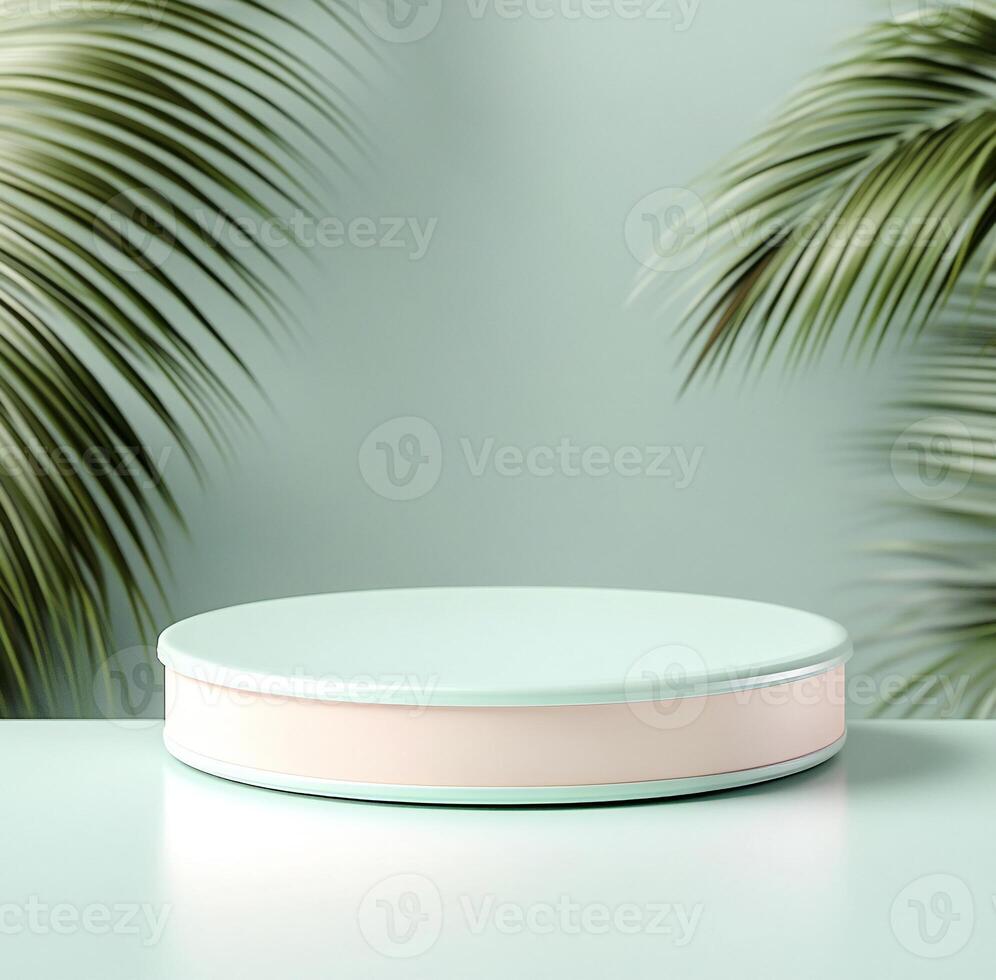 a round cake stand on a table with palm trees photo