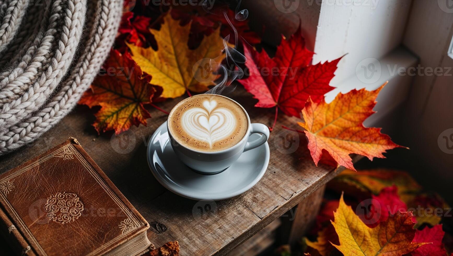 Autumn scene with coffee, book, and knitted blanket photo