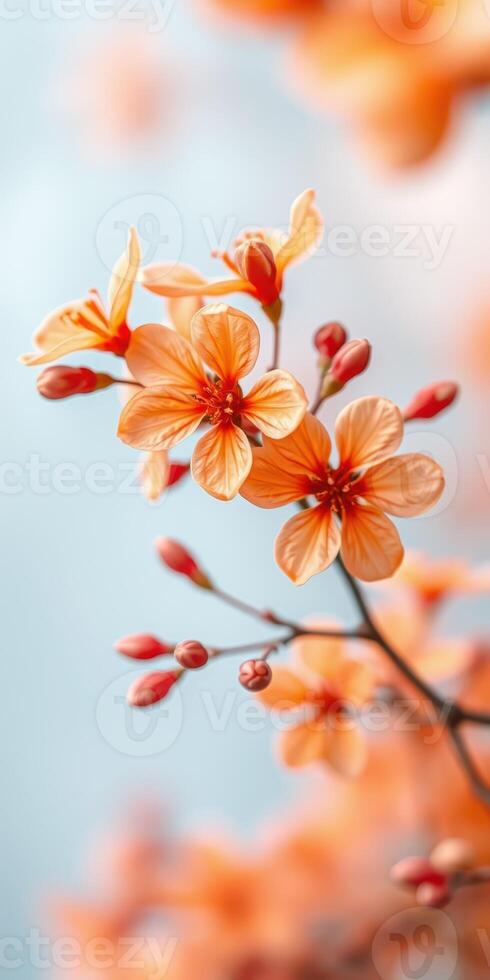 Delicate orange blossoms sway gently against a soft blue background in early spring sunshine creating a serene atmosphere photo