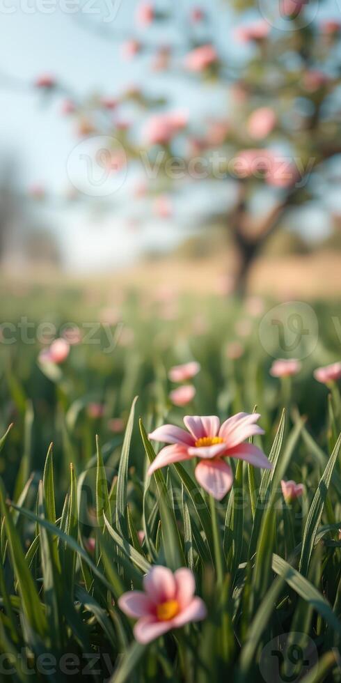 Beautiful pink flowers blooming in a sunlit meadow during spring with trees in the background photo