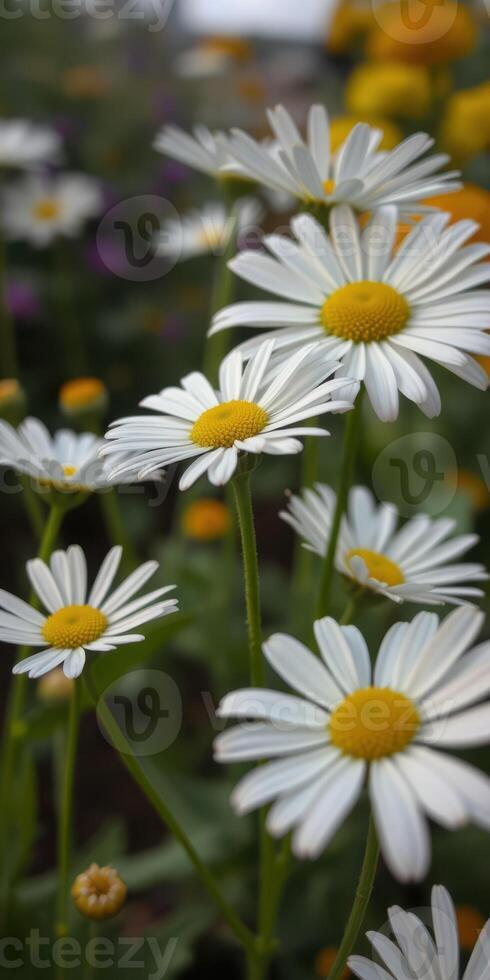 Bright daisies bloom in a lush garden during springtime, showcasing their vibrant white petals and yellow centers photo