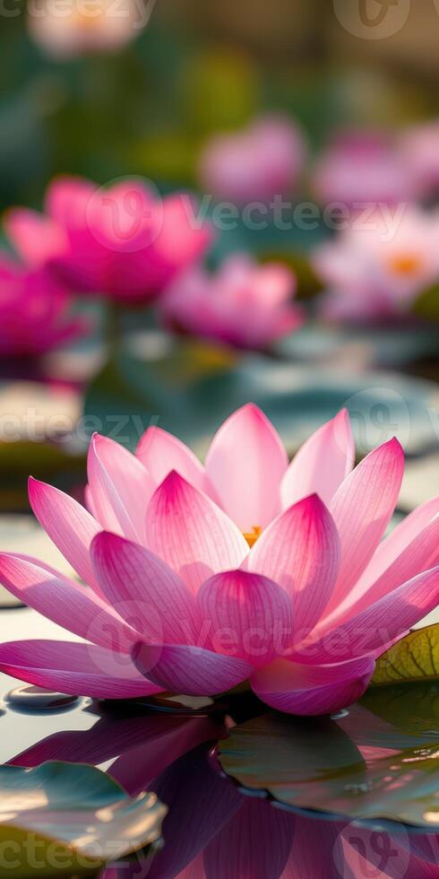 Beautiful pink lotus flowers blooming on tranquil water in a serene natural setting during daylight hours photo
