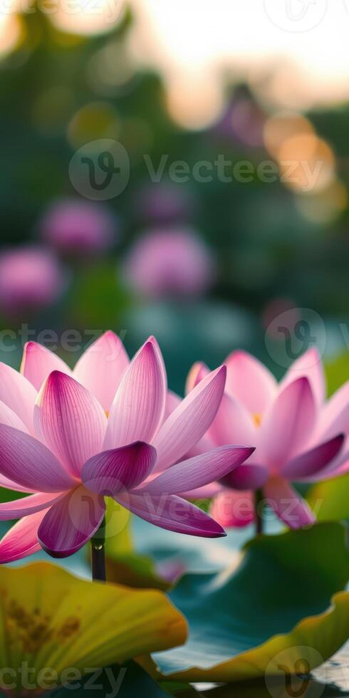 Beautiful pink lotus flowers blooming in a serene pond during sunset creating a tranquil atmosphere in nature photo