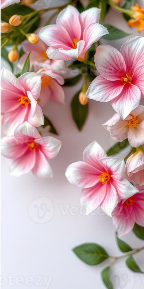 Beautiful pink and white flowers arranged artistically on a light surface in a serene setting photo