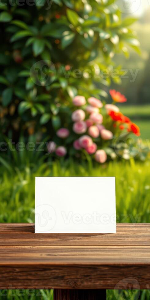 Blank card displayed on a wooden table in a garden with colorful flowers and lush greenery during sunset photo
