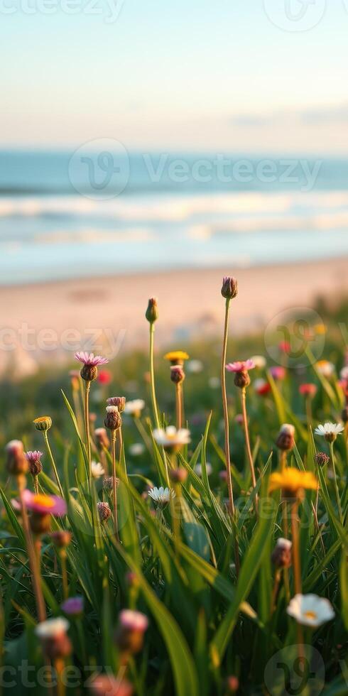 Vibrant wildflowers bloom near the beach during golden hour showcasing nature's beauty and serenity photo