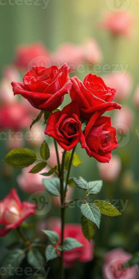 Vibrant red roses blooming in a colorful garden during late spring in a sunny environment photo
