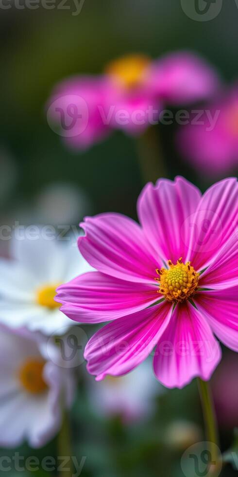Beautiful pink cosmos flower blooming in a vibrant garden filled with daisies in spring photo