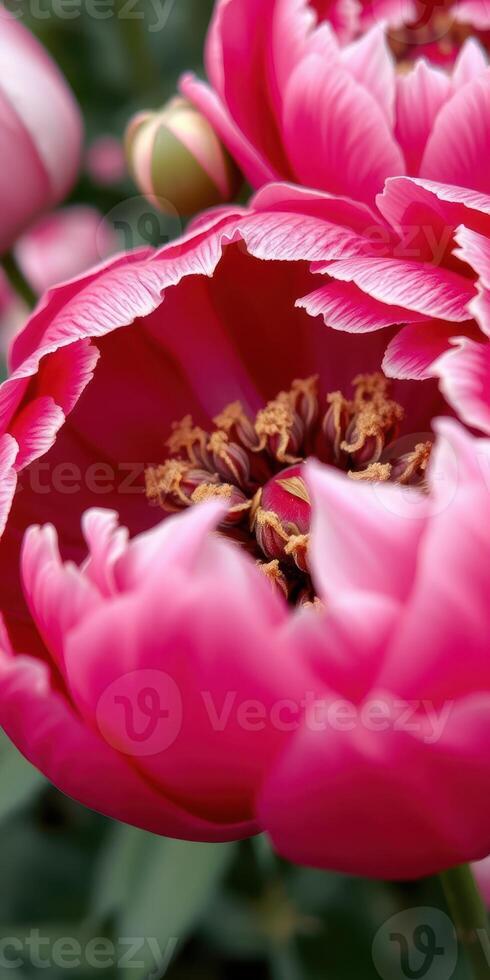 Bright pink peony flower in full bloom showcasing intricate petal details during spring season in a garden photo