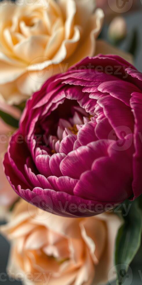Purple peony bloom surrounded by soft peach roses in a floral arrangement photo