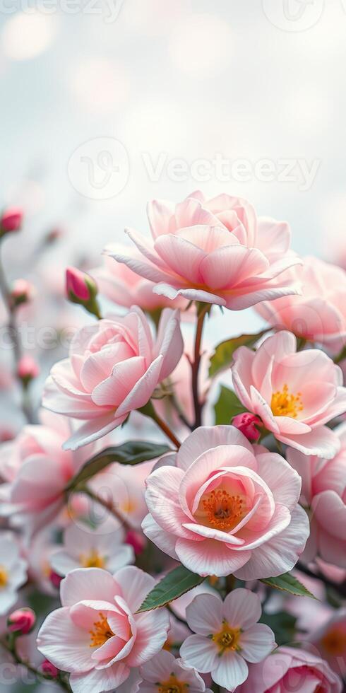 Blossom-filled branches display soft pink flowers in a serene garden setting during springtime photo