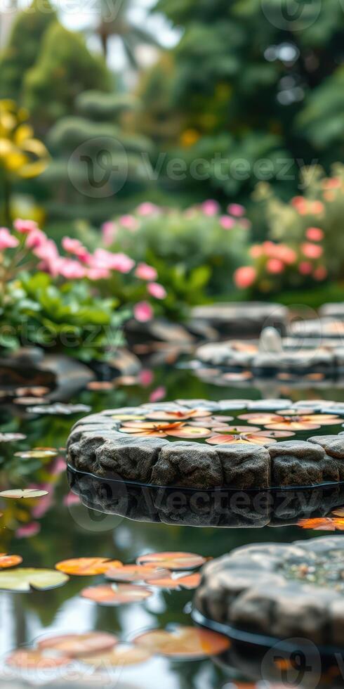 Tranquil garden pond with lily pads and colorful flowers in a serene outdoor setting photo