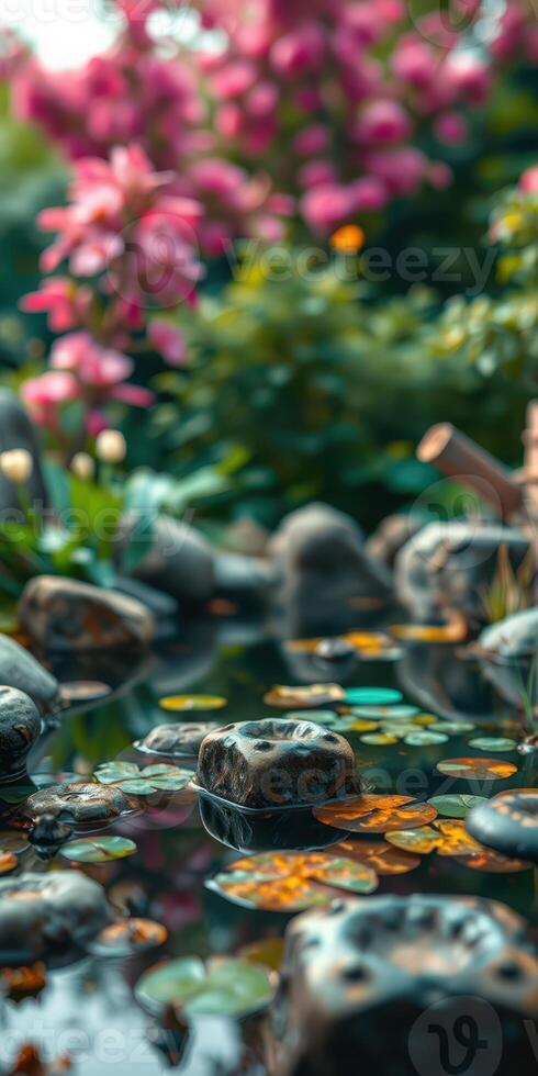 Tranquil garden pond with colorful flowers and smooth stones in serene nature setting photo