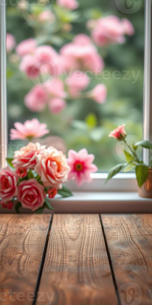 Beautiful roses and blooming flowers near a window bring a fresh and cheerful atmosphere to the indoor setting photo