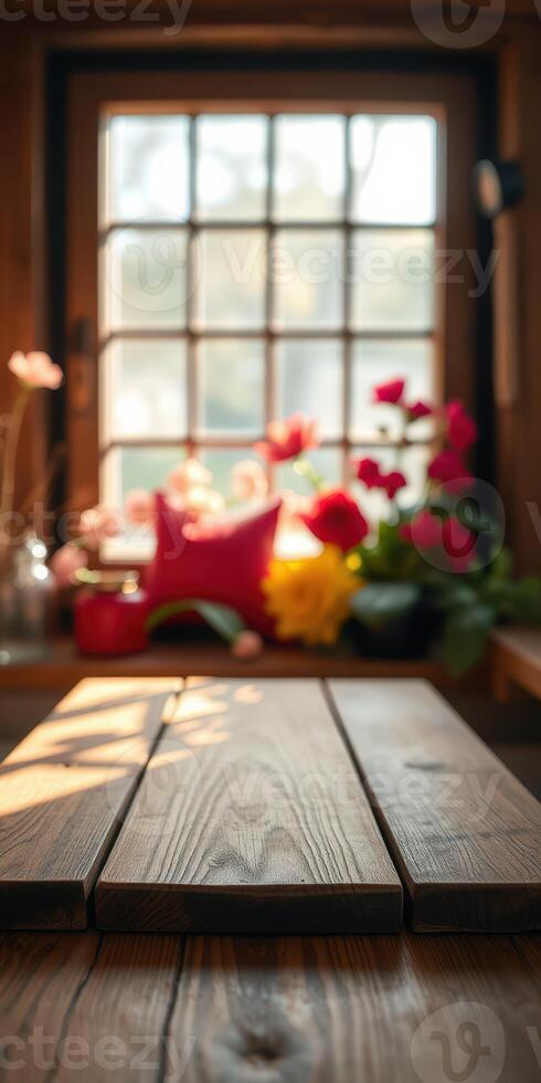 Cozy wooden table with flowers by window in warm natural light during a peaceful afternoon photo