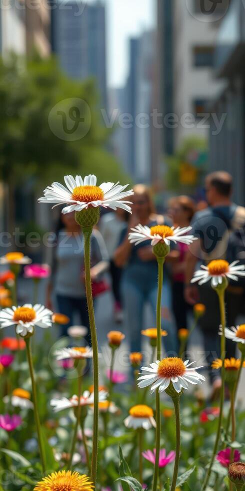 Vibrant flowers bloom amidst urban street activity on a sunny day in a downtown area photo