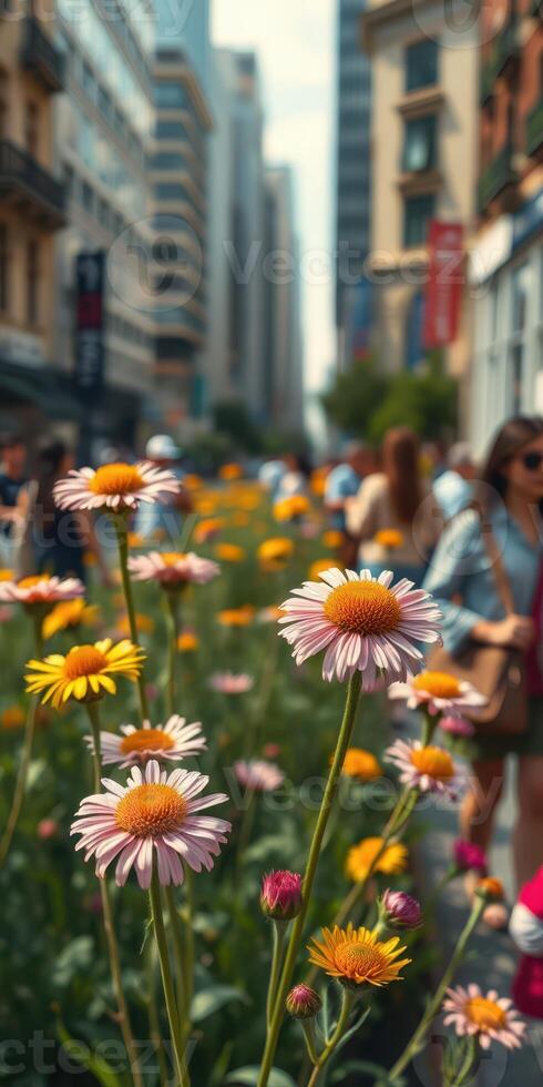Colorful wildflowers bloom along a bustling city street filled with people on a sunny day photo