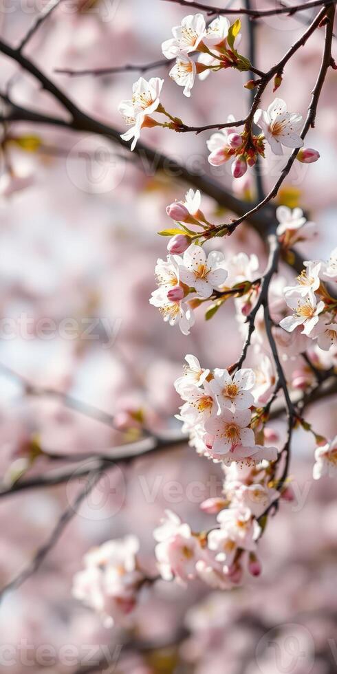 Cherry blossoms bloom beautifully in spring sunlight, creating a tranquil scene of nature's renewal photo
