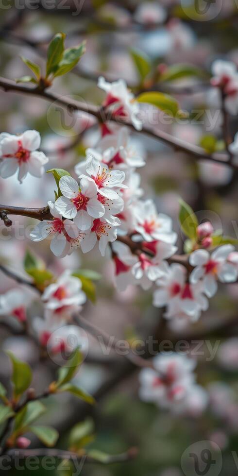 Cherry blossoms bloom beautifully in spring, showcasing delicate white and pink flowers against a blurred green backdrop photo