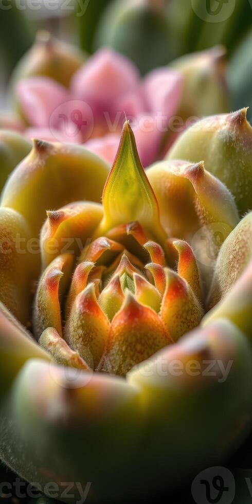 Colorful succulent plants in close-up showcasing intricate details and vibrant hues during a sunny afternoon photo