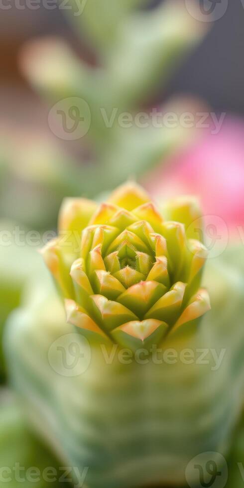 Succulent plant with vibrant green rosette blooming in a garden setting during daylight photo