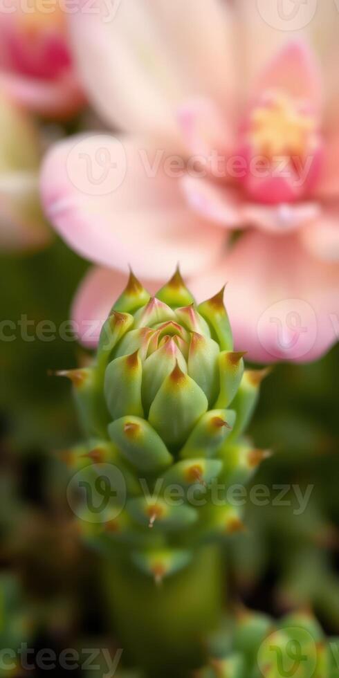Beautiful close-up of a succulent with soft pink flowers in a vibrant garden setting photo