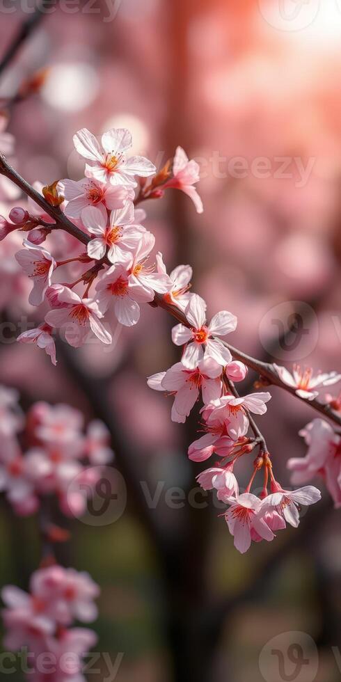 Cherry blossom branches bloom under soft sunlight in a serene garden during spring photo