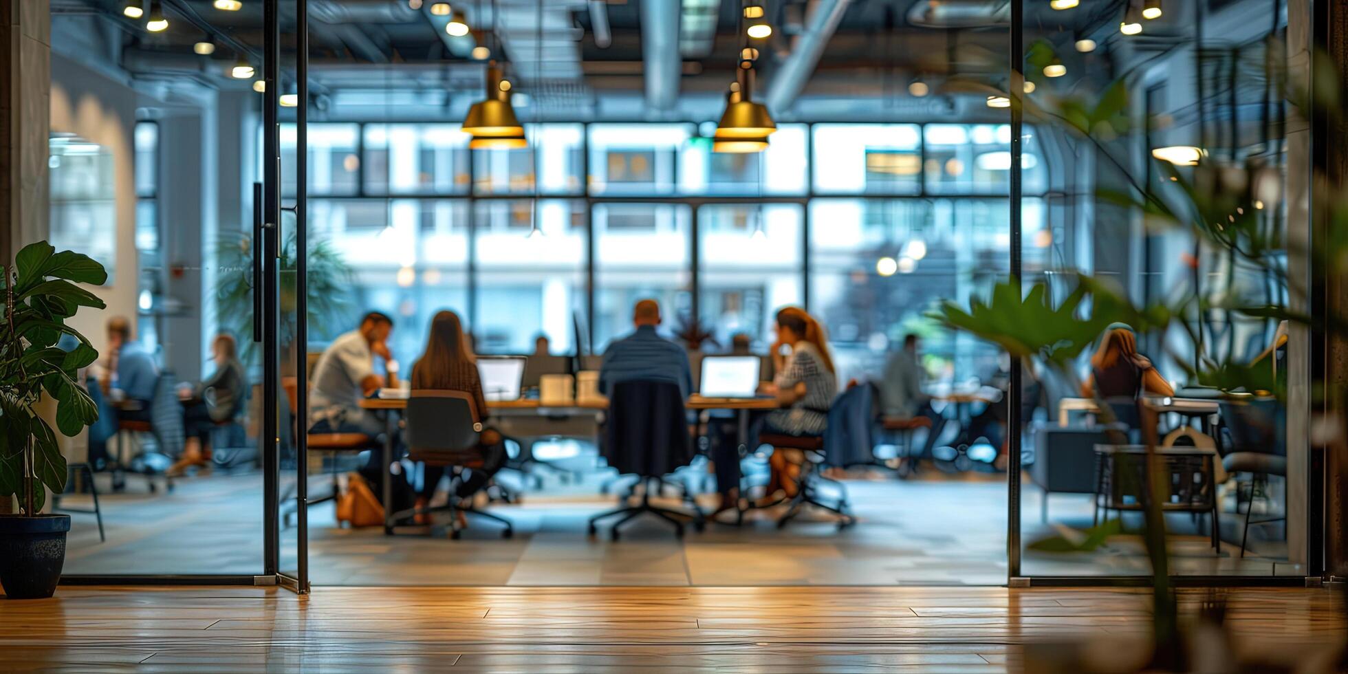 Business office with blurred people casual wear, with blurred bokeh background. Defocused board meeting background behind glass wall. Blurred office with people working behind glass wall photo