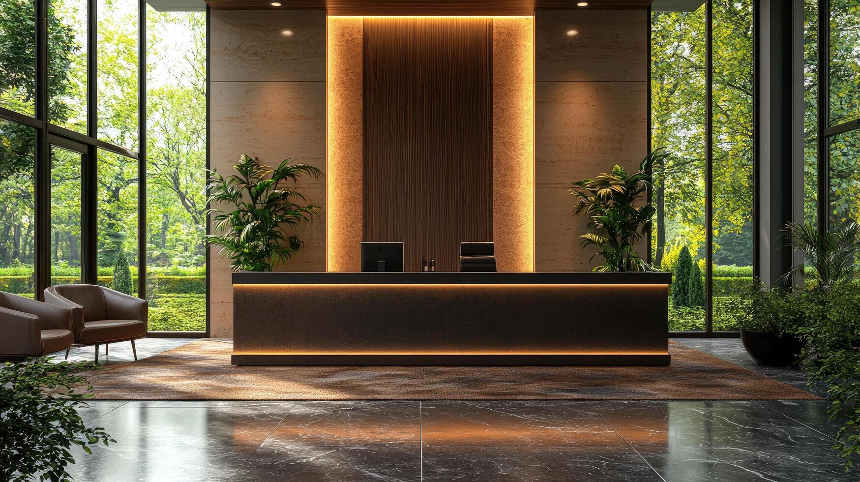 Elegant Registration Counter Interior with Contemporary Design and Stylish Lighting, Luxury elegance lobby or reception area interior design with modern reception counter photo