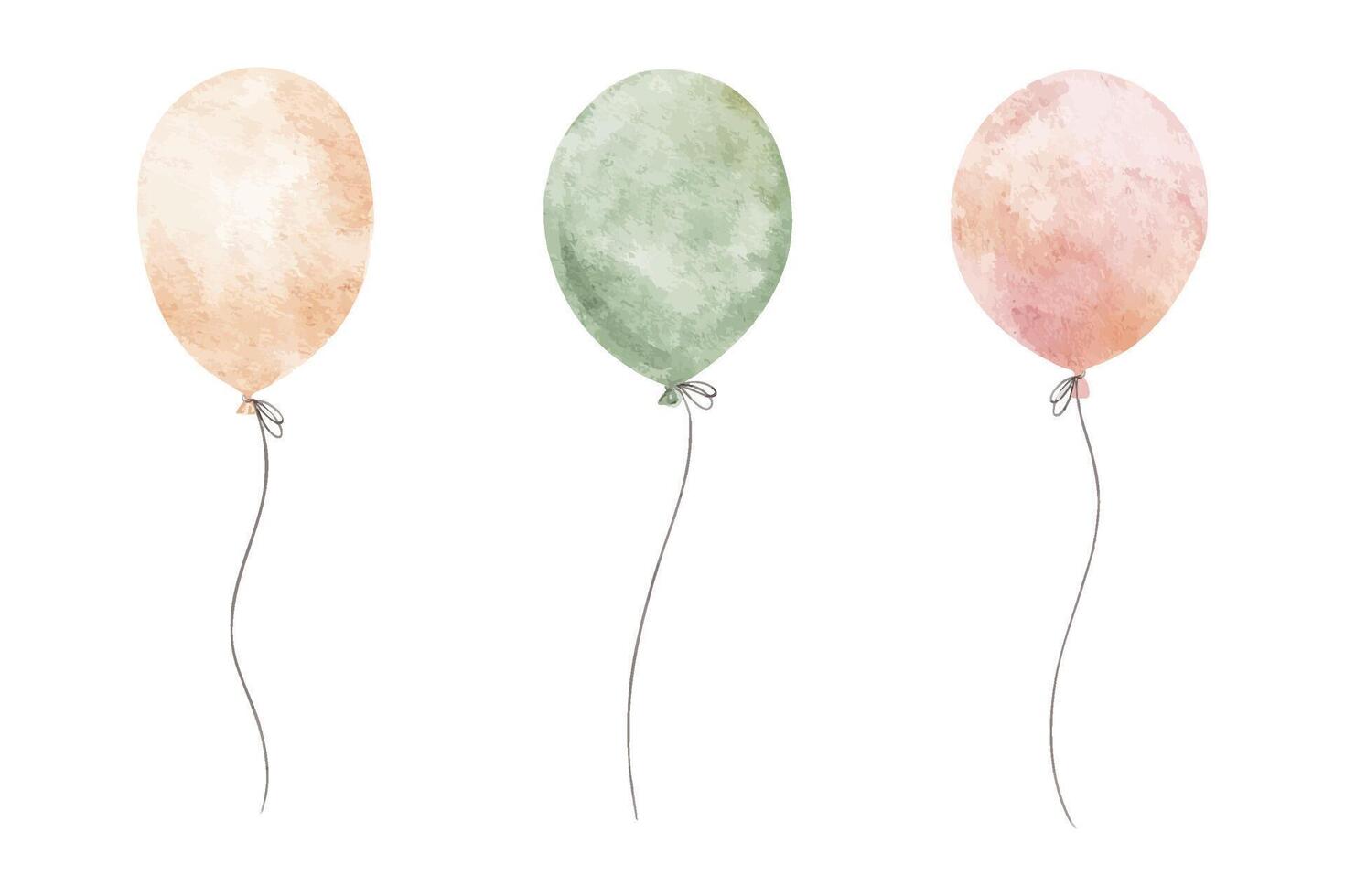 Colorful balloons Set. Attributes, decoration for holiday. Hand drawn watercolor collection of Isolated illustrations. Clipart for Valentine's card, poster, Birthday party, baby shower,children's room vector