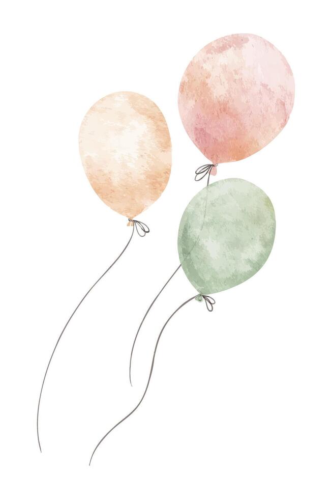 Colorful balloons. Attributes and decoration for holiday. Isolated hand drawn watercolor illustration. Clipart for Valentine's cards, posters, Birthday party, baby shower and children's room vector